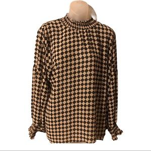 Shein High Neck Tan Black Checker Blouse Sz XL